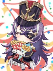 Rule 34 | 1girl, :t, ^ ^, bare shoulders, black hat, blush, boots, chevreuse (genshin impact), chibi, closed eyes, commentary request, confetti, detached sleeves, dress, eyepatch, food, french fries, genshin impact, gloves, grey hair, hair between eyes, hat, highres, holding, holding food, long hair, mole, mole under mouth, multicolored hair, onion rings, purple hair, sakura luna, shako cap, solo, streaked hair, very long hair, white footwear, white gloves
