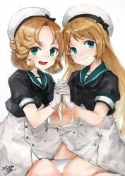 Rule 34 | 2girls, blonde hair, blue eyes, blue sailor collar, blush, closed mouth, dress, gloves, hat, highres, janus (kancolle), jervis (kancolle), kantai collection, long hair, looking at viewer, multiple girls, open mouth, sailor collar, sailor dress, sailor hat, short hair, short sleeves, simple background, sitting, smile, toka (marchlizard), white background, white dress, white gloves, white headwear