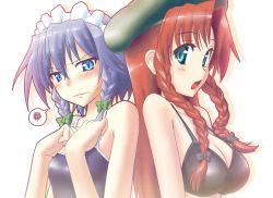 Rule 34 | 2girls, back-to-back, bikini, bikini top only, blue eyes, blue hair, bow, braid, breast envy, breasts, cleavage, female focus, fumotono mikoto, green eyes, hair bow, hat, hong meiling, izayoi sakuya, large breasts, long hair, maid headdress, multiple girls, one-piece swimsuit, red hair, school swimsuit, short hair, squiggle, swimsuit, embodiment of scarlet devil, touhou, twin braids