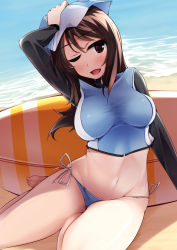 Rule 34 | 10s, 1girl, ;d, adapted costume, bad id, bad pixiv id, beach, bikini, bikini bottom only, blue hat, blush, breasts, brown eyes, brown hair, day, girls und panzer, groin, hat, highres, impossible clothes, large breasts, long hair, mika (girls und panzer), nksk, ocean, one eye closed, open mouth, outdoors, partially visible vulva, side-tie bikini bottom, sidelocks, sitting, smile, solo, surfboard, swimsuit, water