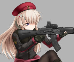 Rule 34 | ak-74m, ak74m (girls&#039; frontline), akatsuki akane, assault rifle, bad id, bad twitter id, beret, blonde hair, boots, camouflage gloves, ear protection, eotech, finger on trigger, girls&#039; frontline, gloves, gun, hair ornament, hat, kalashnikov rifle, kneeling, long hair, on one knee, optical sight, pantyhose, purple eyes, red hat, red star, rifle, russian flag, snowflake hair ornament, star (symbol), tactical clothes, weapon
