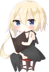 Rule 34 | 1girl, bare arms, bare shoulders, black dress, black neckwear, black thighhighs, blonde hair, blue eyes, blush, book, chibi, choker, dress, hair between eyes, holding, holding book, long hair, looking at viewer, no shoes, open book, original, parted lips, simple background, sleeveless, sleeveless dress, solo, stool, thighhighs, tia-chan, uchuuneko, very long hair, white background