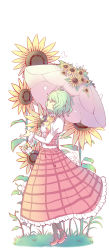 Rule 34 | 1girl, ascot, breasts, bug, butterfly, dress shirt, flower, frills, from side, full body, green hair, high heels, highres, bug, juliet sleeves, kazami yuuka, long sleeves, looking up, nga (ray ray), open clothes, open vest, parasol, parted lips, plaid, plaid skirt, plaid vest, profile, puffy sleeves, red eyes, shirt, short hair, skirt, skirt set, small breasts, solo, standing, sunflower, touhou, umbrella, vest, wavy hair, white shirt