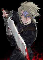 Rule 34 | 1boy, alternate eye color, bandaged arm, bandages, black background, black gloves, blonde hair, blood, blood on face, bloody bandages, bloody weapon, blue eyes, closed mouth, earrings, fingerless gloves, fingernails, gloves, hair between eyes, highres, holding, holding sword, holding weapon, jewelry, kaninn, link, male focus, nintendo, pointy ears, scratches, signature, single earring, solo, sword, the legend of zelda, the legend of zelda: twilight princess, twitter username, weapon