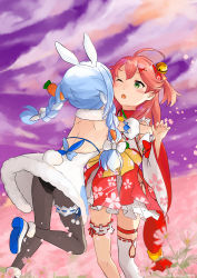 Rule 34 | 2girls, ;o, animal ears, bell, blue footwear, blue hair, bow, braid, carrot, carrot hair ornament, cherry blossom print, cloud, detached sleeves, field, floral print, flower, flower field, food-themed hair ornament, fur scarf, green eyes, hair bell, hair bow, hair ornament, highres, hololive, hug, japanese clothes, kimono, leg strap, looking at another, medium hair, multicolored hair, multiple girls, one eye closed, one side up, open mouth, pantyhose, pink flower, pink hair, purple sky, rabbit ears, rabbit girl, rabbit tail, sakura miko, sakura miko (1st costume), sky, sowa snow, standing, tail, thigh strap, twin braids, twintails, two-tone hair, usada pekora, usada pekora (1st costume), virtual youtuber, white bow, white hair, white legwear, wide sleeves