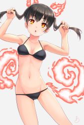 Rule 34 | 1girl, :o, armpits, arms up, bare shoulders, bikini, black bikini, black hair, breasts, cat day, cleavage, collarbone, commentary request, contrapposto, cowboy shot, en&#039;en no shouboutai, fiery ears, fiery tail, fire, groin, hair between eyes, highres, holding, holding own hair, long hair, looking at viewer, medium breasts, midriff, navel, orange eyes, shinbo etoka, sidelocks, signature, simple background, skindentation, solo, standing, swimsuit, tail, tamaki kotatsu, twintails, white background