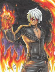 Rule 34 | 1boy, 2021, artist name, belt, black gloves, black jacket, black pants, clenched hand, closed mouth, cowboy shot, cross, cross necklace, dark-skinned male, dark skin, fingerless gloves, fire, gloves, highres, jacket, jewelry, k&#039; (kof), leather, leather jacket, leather pants, long sleeves, male focus, necklace, pants, partially unzipped, pectoral cleavage, pectorals, ravernclouk design, snk, solo, standing, sunglasses, the king of fighters, traditional media, white hair, zipper