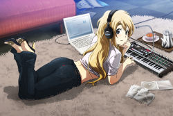 Rule 34 | 00s, 1girl, 71, ass, back, belt, blonde hair, blue eyes, blush, carpet, casual, cd, computer, cup, denim, eyebrows, feet, feet up, female focus, full body, headphones, heels, high heels, indoors, instrument, jeans, k-on!, keyboard (instrument), korg, kotobuki tsumugi, laptop, legs, legs up, long hair, looking at viewer, looking back, lying, microphone, midriff, on floor, on stomach, open shoes, pants, sandals, shadow, shoes, solo, sony, synthesizer, tea set, teacup, teapot, toes