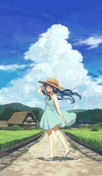 1girl blue_hair blue_sky blunt_bangs blush cloud dress full_body furude_rika grass green_dress hat highres higurashi_no_naku_koro_ni house long_hair looking_at_viewer morisata outdoors parted_lips purple_eyes sandals shadow sidelocks sky sleeveless sleeveless_dress solo standing straw_hat toes