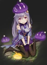 Rule 34 | 1girl, bare shoulders, black pantyhose, blue sleeves, braid, commentary request, cuts, detached sleeves, dress, full body, genshin impact, glowing, hair between eyes, highres, injury, keqing (genshin impact), long hair, looking at viewer, no shoes, on head, pantyhose, parted lips, purple dress, purple hair, red eyes, sitting, sleeveless, sleeveless dress, slime (creature), slime (genshin impact), torn clothes, torn sleeves, usagiko lvszhx, very long hair, wariza, wavy mouth