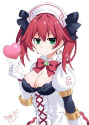 Rule 34 | 1girl, binato lulu, blowing kiss, breasts, cave (developer), cave (neptunia), cleavage, collar, cuffs, dress, green eyes, heart, highres, kiss, long hair, medium breasts, neptune (series), red hair, ribbon, skirt, solo, twintails