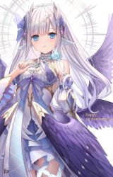 Rule 34 | 1girl, amaba syui, blue eyes, breasts, closed mouth, detached sleeves, dress, feathered wings, flower, hair ornament, halter dress, halterneck, hand up, head wings, highres, holding, holding flower, indie virtual youtuber, looking at viewer, multiple wings, munuu, purple wings, seraph, small breasts, solo, upper body, virtual youtuber, white hair, wings