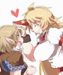 Rule 34 | 2girls, annoyed, blonde hair, breasts, eyebrows, female focus, green eyes, hand on another&#039;s head, horns, hoshiguma yuugi, iroyopon, large breasts, mizuhashi parsee, multiple girls, pointy ears, single horn, smile, thick eyebrows, touhou