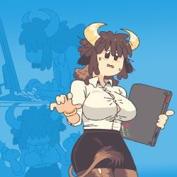 Rule 34 | 1girl, animal ears, bangle, black skirt, blue background, bracelet, breasts, brown eyes, brown hair, brown pantyhose, button gap, character request, collared shirt, commentary, computer, copyright request, farfinfarfin, fingernails, furry, furry female, holding, horns, jewelry, keyboard (computer), laptop, large breasts, medium hair, monitor, multiple views, no bra, open mouth, pantyhose, pencil skirt, projected inset, shiny clothes, shiny legwear, shirt, shirt tucked in, sidelocks, skirt, solid oval eyes, sweat, tail, taut clothes, taut shirt, wavy mouth, white shirt