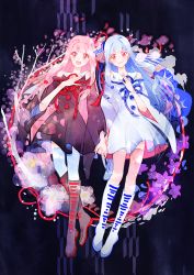 Rule 34 | 2girls, :d, black dress, black footwear, blue dress, blue footwear, blue hair, blue legwear, blunt bangs, boots, closed mouth, detached sleeves, dress, flower, full body, hair ornament, hand on own chest, highres, holding hands, knee boots, kotonoha akane, kotonoha aoi, long hair, looking at viewer, multiple girls, official art, open mouth, petals, pink hair, pink legwear, red eyes, red ribbon, ribbon, siblings, sidelocks, sisters, sleeveless, sleeveless dress, smile, symmetry, very long hair, voiceroid, yagasuri, yoshida yoshitsugi