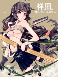 Rule 34 | 10s, 1girl, arrow (projectile), black hair, blush, bow (weapon), breasts, brown eyes, brown hair, character name, gloves, kanji, kantai collection, large breasts, long hair, looking at viewer, miniskirt, mistrail, open mouth, personification, pleated skirt, shouhou (kancolle), skirt, solo, thighhighs, underboob, weapon, yellow eyes, zettai ryouiki