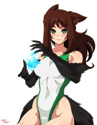 Rule 34 | 1girl, absurdres, animal ear fluff, animal ears, animal hands, bare arms, bare shoulders, black coat, blush, breasts, brown hair, closed mouth, coat, commentary, competition swimsuit, covered navel, cowboy shot, english commentary, green eyes, hands up, highleg, highleg swimsuit, highres, large breasts, long hair, looking at viewer, magic, monster girl, one-piece swimsuit, original, reddgeist, signature, simple background, slit pupils, smile, solo, swimsuit, water, white background, white one-piece swimsuit