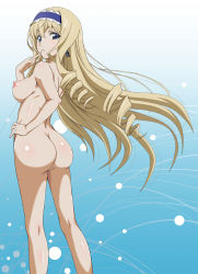 Rule 34 | 1girl, ass, blonde hair, breasts, butt crack, cecilia alcott, drill hair, finger to mouth, infinite stratos, long hair, looking at viewer, looking back, medium breasts, nipples, nude, nude filter, solo, tagme, third-party edit, y shaped butt crack