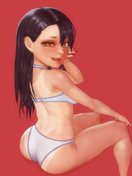 Rule 34 | 1girl, aethos, ass, back, bikini, black hair, breasts, brown eyes, dimples of venus, fang, feet out of frame, hair ornament, hairclip, hand on own knee, highres, ijiranaide nagatoro-san, invisible chair, lips, long hair, looking at viewer, looking back, nagatoro hayase, nail polish, nose, one-piece tan, parted lips, red background, sitting, small breasts, solo, sweatdrop, swimsuit, tan, tanline, white bikini