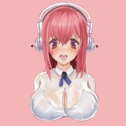 Rule 34 | 1girl, bad id, bad pixiv id, blush, bra, breasts, cleavage, headphones, large breasts, long hair, looking at viewer, nitroplus, open mouth, pink background, pink eyes, pink hair, see-through, shirt, simple background, smile, solo, super sonico, taut clothes, taut shirt, underwear, upper body, wellroam, wing collar