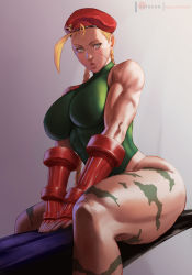 Rule 34 | 1girl, abs, alternate breast size, antenna hair, backlighting, beret, biceps, blonde hair, blue eyes, bodypaint, braid, breasts, cammy white, camouflage, capcom, elbow gloves, facial scar, fingerless gloves, forehead, gloves, green leotard, hat, impossible clothes, impossible leotard, large breasts, leotard, lips, long braid, looking at viewer, muscular, muscular female, nose, puckered lips, red gloves, red hat, rejean dubois, scar, scar on cheek, scar on face, sitting, skin tight, solo, straddling, street fighter, street fighter ii (series), thick thighs, thighs, twin braids, v arms, watermark, web address