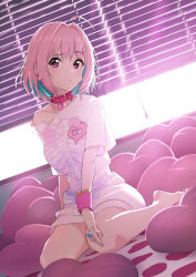 Rule 34 | 1girl, ahoge, artist request, backlighting, barefoot, window blinds, blue hair, blush, breasts, closed mouth, collar, cushion, earrings, feet, heart, heart on chest, idolmaster, idolmaster cinderella girls, jewelry, large breasts, looking at viewer, multicolored hair, pill earrings, pink eyes, pink hair, ring, shirt, short hair, short sleeves, sitting, solo, t-shirt, thighs, two-tone hair, wariza, window, wrist cuffs, yumemi riamu