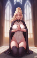 Rule 34 | 1girl, beads, black cape, black thighhighs, blonde hair, blurry, blurry background, breasts, cape, commentary, full body, gluteal fold, half-closed eyes, high ponytail, highres, interlocked fingers, kneeling, large breasts, leotard, long hair, navel, original, own hands clasped, own hands together, parted lips, personal ami, ponytail, solo, teeth, therana (personal ami), thighhighs, white leotard