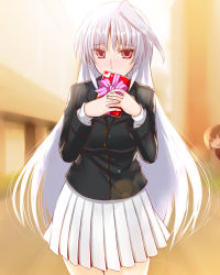 Rule 34 | 2girls, black jacket, blazer, blurry, blurry background, blush, box, closed mouth, commentary, day, dress shirt, engo (aquawatery), gift, gift box, heart, highres, holding, holding gift, jacket, long hair, looking at viewer, lyrical nanoha, mahou shoujo lyrical nanoha, mahou shoujo lyrical nanoha a&#039;s, miniskirt, multiple girls, outdoors, peeking out, pleated skirt, red eyes, reinforce, school uniform, shirt, silver hair, single hair intake, skirt, smile, solo focus, standing, white shirt, white skirt, yagami hayate