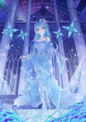 Rule 34 | 1girl, absurdres, blue dress, blue hair, blue thighhighs, breasts, brown eyes, clothes lift, detached sleeves, dress, dress lift, english text, full body, garter straps, highres, hololive, ice, ice shard, jewelry, large breasts, long hair, looking at viewer, necklace, pillar, pointy ears, snowflakes, solo, sparkle, strapless, strapless dress, thighhighs, tiara, turbulence, virtual youtuber, yukihana lamy