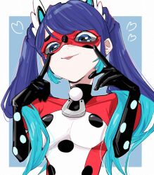 1girl blue_background blue_eyes blue_hair bodysuit heart highres long_hair looking_at_viewer marinette_dupain-cheng miracharink0 miraculous_ladybug pennybug_(character) polka_dot red_bodysuit red_mask smile solo superhero_costume tongue tongue_out twintails upper_body