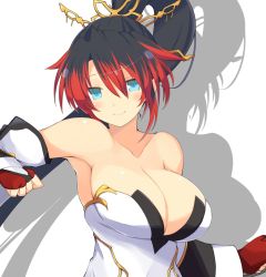 Rule 34 | 1girl, armpits, bare shoulders, black detached sleeves, black hair, blue eyes, blush, breasts, bridal gauntlets, cleavage, closed mouth, detached sleeves, female focus, fingerless gloves, gloves, hair between eyes, hair ornament, japanese clothes, large breasts, long hair, looking at viewer, multicolored hair, nanbu kaguya, ponytail, red gloves, red hair, shadow, smile, solo, strapless, super robot wars, super robot wars og saga mugen no frontier, tenpesuto, two-tone hair, upper body, white detached sleeves