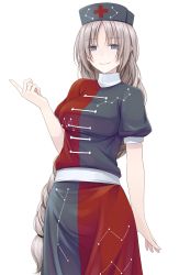 Rule 34 | 1girl, blue eyes, braid, breasts, crote, female focus, hat, highres, large breasts, long hair, looking at viewer, puffy sleeves, shirt, short sleeves, silver hair, skirt, smile, solo, touhou, transparent background, very long hair, yagokoro eirin