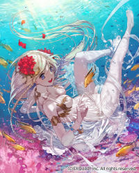 Rule 34 | 1girl, :d, air bubble, animal, anklet, bad id, bad pixiv id, barefoot, barefoot sandals (jewelry), blue eyes, bracelet, braid, breasts, bubble, choker, collarbone, dragon&#039;s shadow, feet, fish, floating hair, flower, freediving, hair flower, hair ornament, holding breath, jewelry, long hair, official art, open mouth, shell, smile, solo, swimming, twin braids, underwater, very long hair, water, watermark, white hair, yna
