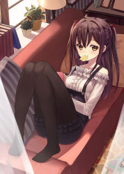 Rule 34 | 1girl, bare shoulders, black overalls, black pantyhose, black ribbon, blush, book, brown eyes, brown hair, cellphone, center frills, chips (food), collarbone, couch, curtains, cushion, day, drawer, dutch angle, floor lamp, food, framed, frills, full body, hair between eyes, highres, indoors, lamp, long hair, long sleeves, looking at viewer, mouth hold, off-shoulder shirt, off shoulder, original, overalls, pantyhose, phone, picture frame, plant, potato chips, potted plant, reclining, ribbon, shirt, sidelocks, smile, solo, strapless, striped, sunlight, transparent, tsumiwara, two side up, vase, vertical stripes, window