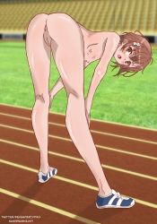 Rule 34 | 1girl, anus, ass, bent over, bleachers, blue footwear, blurry, blush, breasts, breasts apart, brown eyes, brown hair, cleft of venus, completely nude, depth of field, embarrassed, from behind, full body, hair ornament, highres, kneepits, looking at viewer, looking back, misaka mikoto, naked shoes, nashdnash2007, nipples, no socks, nude, nude shoes, open mouth, outdoors, public indecency, pussy, shoes, short hair, skinny, small areolae, small breasts, small nipples, sneakers, solo, stretching, surprised, toaru kagaku no railgun, toaru majutsu no index, track and field, uncensored, zenra
