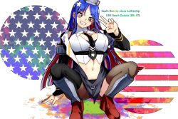 Rule 34 | 1girl, american flag background, asymmetrical legwear, black necktie, blue eyes, blue hair, breasts, brown thighhighs, character name, grey eyes, grin, headgear, kantai collection, large breasts, long hair, multicolored hair, navel, necktie, one-hour drawing challenge, oso (toolate), pantyhose, pencil skirt, red hair, shirt, single leg pantyhose, skirt, sleeveless, sleeveless shirt, smile, solo, south dakota (kancolle), south dakota kai (kancolle), squatting, star (symbol), thighhighs, thighhighs over pantyhose, uneven legwear, v, white hair