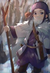 Rule 34 | 1girl, asirpa, blue eyes, boots, child, coat, commentary, earrings, forest, fur-trimmed collar, fur trim, golden kamuy, hairband, highres, holding, jewelry, long hair, looking at viewer, machida 0906, nature, pantyhose, sidelocks, smile, snow, solo, tree, white coat