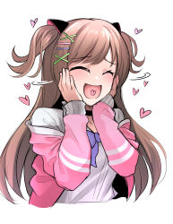 Rule 34 | 1girl, blush, bow, bowtie, brown hair, cardigan, closed eyes, girls&#039; frontline, hair ornament, hairclip, hands on own cheeks, hands on own face, heart, highres, long hair, mk23 (girls&#039; frontline), mk23 (new term begins with a meow) (girls&#039; frontline), pink cardigan, purple bow, purple bowtie, senpaihawkkun, shirt, solo, two side up, upper body, white shirt