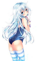 Rule 34 | 10s, 1girl, alternate costume, ass, blue eyes, blush, flat cap, from behind, hat, hibiki (kancolle), holding, holding clothes, holding hat, kantai collection, long hair, looking at viewer, looking back, nogi takayoshi, one-piece swimsuit, simple background, solo, striped clothes, striped thighhighs, swimsuit, thighhighs, unworn hat, unworn headwear, verniy (kancolle), white background, white hair