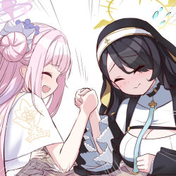 Rule 34 | 2girls, arm wrestling, black hair, blue archive, blunt bangs, breasts, broken, capelet, cleavage, cleavage cutout, clothing cutout, commentary request, habit, hair bun, hair ornament, hair over one eye, halo, hinata (blue archive), holding hands, large breasts, long hair, long sleeves, looking at another, medium breasts, mika (blue archive), multiple girls, nun, o (rakkasei), one side up, pink hair, sidelocks, simple background, single side bun, white background, wide sleeves