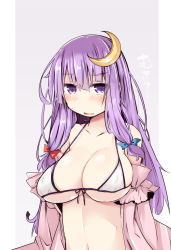 Rule 34 | 1girl, bikini, bikini top only, blue bow, blunt bangs, blush, bow, breasts, crescent, crescent hair ornament, front-tie bikini top, front-tie top, hair bow, hair ornament, highres, large breasts, long hair, looking at viewer, patchouli knowledge, purple eyes, purple hair, red bow, shirogane (platinum), solo, swimsuit, touhou, upper body, very long hair, white bikini