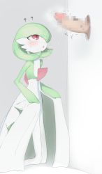 Rule 34 | 1girl, ?, blush, bob cut, censored, colored skin, creatures (company), cum, cum on hair, erection, facial, flat chest, game freak, gardevoir, gen 3 pokemon, glory hole, green hair, green skin, grey background, hair over one eye, highres, kneeling, legs, looking at penis, looking up, mosaic censoring, multicolored skin, nintendo, one eye covered, open mouth, penis, pokemon, pokemon (creature), red eyes, ripu (lipi), short hair, simple background, solo focus, steam, sweat, thighs, two-tone skin, white skin