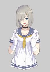Rule 34 | 1girl, black choker, blue eyes, blue sailor collar, bob cut, breasts, breasts squeezed together, choker, cropped torso, gloves, grey background, hair ornament, hair over one eye, hairclip, hamakaze (kancolle), hayabusa, kantai collection, large breasts, looking at viewer, medium hair, neckerchief, open mouth, sailor collar, school uniform, serafuku, shirt, short sleeves, simple background, solo, white gloves, white shirt, yellow neckerchief