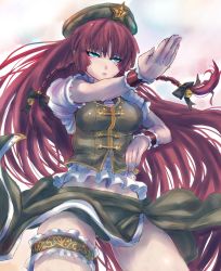 Rule 34 | 1girl, bell, beret, blue eyes, bow, braid, bridal garter, china dress, chinese clothes, dress, female focus, fighting stance, hair bow, hair ornament, hat, highres, hong meiling, long hair, midriff, navel, panzer (p.z), red hair, solo, thigh strap, thighs, touhou, very long hair, wrist cuffs, wristband