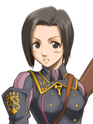 Rule 34 | 00s, 1girl, blush, brown eyes, brown hair, clenched teeth, emblem, final fantasy, final fantasy xi, hume, lips, long sleeves, looking at viewer, military, military uniform, parted lips, short hair, simple background, solo, teeth, uniform, upper body, white background