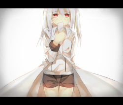 Rule 34 | 1girl, bad id, bad pixiv id, blush, letterboxed, long hair, looking at viewer, original, red eyes, shiro (xinta), shorts, simple background, solo, white background, white hair, xinta