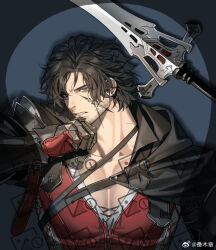 Rule 34 | 1boy, bara, black cloak, black hair, blue eyes, breast mousepad, clive rosfield, cloak, earrings, facial hair, facial scar, fan mu zhang, final fantasy, final fantasy xvi, jewelry, male focus, messy hair, metal gloves, mousepad, parted lips, pectorals, red vest, sample watermark, scar, scar on cheek, scar on face, shirt, short hair, single earring, solo, stubble, sword, textless version, torn clothes, upper body, vest, watermark, weapon, white shirt, wiping mouth