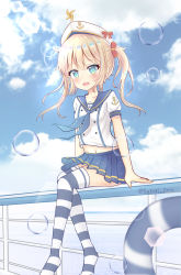 Rule 34 | 1girl, :d, anchor symbol, beret, blonde hair, blue eyes, blue neckerchief, blue sailor collar, blue skirt, blue sky, blurry, blurry foreground, blush, bow, breasts, bubble, cloud, collarbone, commentary request, day, depth of field, fang, hair bow, hat, highres, horizon, lifebuoy, long hair, navel, neckerchief, no shoes, ocean, open mouth, original, outdoors, pinwheel, pleated skirt, puffy short sleeves, puffy sleeves, railing, red bow, sailor, sailor collar, satori (ymoy), shirt, short sleeves, sitting, skirt, sky, small breasts, smile, solo, striped clothes, striped thighhighs, swim ring, thighhighs, twintails, twitter username, water, white hat, white shirt