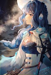 Rule 34 | 1girl, animal ears, arknights, astesia (arknights), astesia (starseeker) (arknights), bird ears, blue dress, blue eyes, blue hair, braid, breasts, cape, cleavage, dress, from side, highres, holding, holding sword, holding weapon, layered dress, long hair, parted lips, portrait, sky, solo, star (sky), starry sky, sword, weapon, weiguang651, white dress, white headwear, wide brim