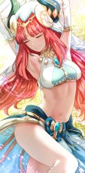 Rule 34 | 1girl, armpits, arms up, blush, breasts, closed mouth, detached sleeves, genshin impact, highres, horns, long hair, long sleeves, medium breasts, navel, nilou (genshin impact), red hair, smile, solo, thighs, uenoryoma, white headwear